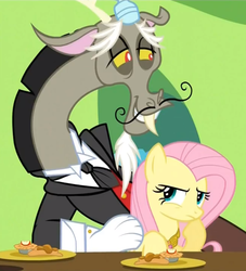 Size: 734x807 | Tagged: safe, screencap, discord, fluttershy, draconequus, pegasus, pony, g4, keep calm and flutter on, season 3, clothes, dinner, element of kindness, female, food, male, mare, moustache, necktie, plate, suit