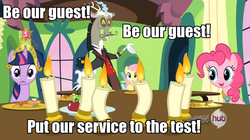 Size: 957x537 | Tagged: safe, edit, edited screencap, screencap, discord, fluttershy, pinkie pie, twilight sparkle, g4, keep calm and flutter on, season 3, be our guest, beauty and the beast, big crown thingy, candle, caption, clothes, dancing, disney, element of laughter, element of magic, hub logo, image macro, meme, moustache, reference to another series, song in the comments, song reference, suit