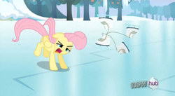 Size: 852x466 | Tagged: safe, screencap, fluttershy, g4, keep calm and flutter on, faic, hub logo, ice skating