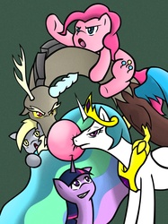 Size: 1800x2412 | Tagged: safe, artist:xilefti, derpy hooves, discord, pinkie pie, princess celestia, twilight sparkle, pegasus, pony, g4, bubblegum, celestia is not amused, female, mare