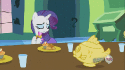 Size: 640x360 | Tagged: safe, screencap, applejack, rarity, g4, keep calm and flutter on, animated, bust, clothes, dress, female, hub logo, portrait, soup, tureen