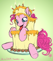 Size: 774x900 | Tagged: safe, artist:tt-n, pinkie pie, g4, cake, cake costume, clothes, costume, food, food costume, messy, wat