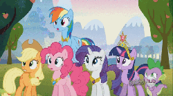 Size: 640x360 | Tagged: safe, screencap, applejack, pinkie pie, rainbow dash, rarity, spike, twilight sparkle, pony, g4, keep calm and flutter on, animated, big crown thingy, elements of harmony, loop, necklace, no, nope, perfect loop, reaction image