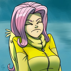 Size: 1280x1280 | Tagged: safe, artist:glancojusticar, fluttershy, human, g4, keep calm and flutter on, angry, breasts, busty fluttershy, clothes, cute, eyes closed, faic, female, flutterfrown, frown, frustrated, humanized, jacket, nose wrinkle, scene interpretation, solo, sweater, sweatershy, winged humanization