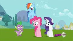 Size: 1280x720 | Tagged: safe, screencap, pinkie pie, rainbow dash, rarity, spike, g4, keep calm and flutter on, hub logo