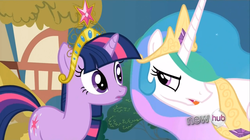 Size: 1440x809 | Tagged: safe, screencap, princess celestia, twilight sparkle, g4, keep calm and flutter on, big crown thingy, element of magic, hub logo, tongue out