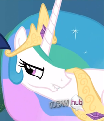 Size: 695x805 | Tagged: safe, screencap, princess celestia, alicorn, pony, g4, keep calm and flutter on, female, hub logo, lip bite, solo