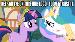 Size: 1024x575 | Tagged: safe, edit, edited screencap, screencap, princess celestia, twilight sparkle, alicorn, pony, unicorn, g4, keep calm and flutter on, season 3, all new, big crown thingy, breaking the fourth wall, caption, crown, female, funny, hub logo, image macro, jewelry, looking at each other, mare, meme, meta, op is a slowpoke, ponyville, regalia, text, unicorn twilight