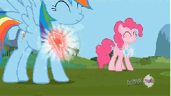 Size: 576x324 | Tagged: safe, screencap, pinkie pie, rainbow dash, g4, keep calm and flutter on, animated, element of laughter, element of loyalty, female, hub logo