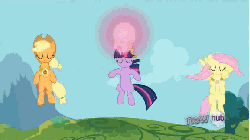 Size: 576x324 | Tagged: safe, screencap, applejack, fluttershy, twilight sparkle, g4, keep calm and flutter on, animated, big crown thingy, element of honesty, element of kindness, element of magic, female, hub logo