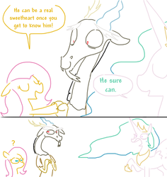 Size: 794x841 | Tagged: safe, artist:weaver, discord, fluttershy, princess celestia, alicorn, draconequus, pony, g4, keep calm and flutter on, comic, female, implied dislestia, implied shipping, male, mare, question mark, ship:dislestia, shipping, simple background, straight, white background