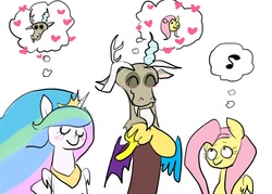 Size: 700x500 | Tagged: artist needed, source needed, safe, discord, fluttershy, princess celestia, g4, discoshylestia, ship:discoshy, ship:dislestia, shipping