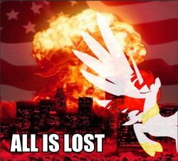 Size: 550x498 | Tagged: safe, oc, oc only, oc:fausticorn, alicorn, pony, doom faust, doom paul, explosion, female, flag, image macro, mare, meme