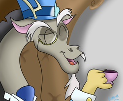 Size: 1650x1350 | Tagged: safe, artist:icebreak23, discord, g4, classy, hat, monocle, tea, top hat