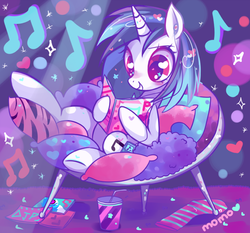 Size: 790x736 | Tagged: safe, artist:ipun, dj pon-3, vinyl scratch, pony, g4, drink, female, heart eyes, mp3 player, music, pillow, solo