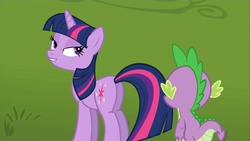 Size: 720x405 | Tagged: safe, edit, edited screencap, screencap, spike, twilight sparkle, g4, keep calm and flutter on, bedroom eyes, butt, duo, plot