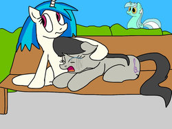 Size: 900x675 | Tagged: safe, artist:biosonic100, dj pon-3, lyra heartstrings, octavia melody, vinyl scratch, g4, bench, crying