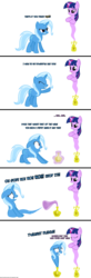 Size: 1050x3200 | Tagged: dead source, safe, artist:navitaserussirus, trixie, twilight sparkle, genie, genie pony, pony, unicorn, asktwixiegenies, g4, angry, comic, dialogue, didn't think this through, exact words, female, geniefied, lesbian, magic, mare, raised hoof, scared, ship:twixie, shipping, simple background, transformation, transparent background, vector
