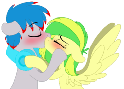 Size: 472x340 | Tagged: safe, artist:artflicker, oc, oc only, oc:the living tombstone, oc:wooden toaster, earth pony, pegasus, pony, blushing, duo, female, kiss on the lips, kissing, male, musician, oc x oc, ponysona, shipping, simple background, straight, tombtoaster, transparent background, wingboner
