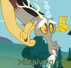 Size: 562x540 | Tagged: safe, discord, twilight sparkle, g4, keep calm and flutter on, air quotes, animated, image macro, implying, meme, reaction image