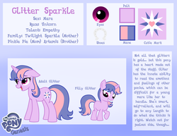 Size: 2200x1700 | Tagged: safe, artist:cat4lyst, oc, oc only, oc:glitter sparkle, pony, magical lesbian spawn, my little pony genesis, offspring, parent:pinkie pie, parent:twilight sparkle, parents:twinkie, reference sheet, solo