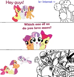 Size: 1050x1083 | Tagged: safe, artist:knifeh, apple bloom, scootaloo, sweetie belle, g4, internet backdraft, le, opinion, trollbait