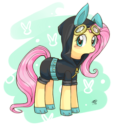 Size: 522x570 | Tagged: safe, artist:milk4ppl, fluttershy, pegasus, pony, g4, blushing, bunny ears, clothes, dangerous mission outfit, female, goggles, hoodie, looking at you, mare, solo