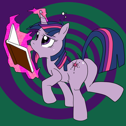 Size: 750x750 | Tagged: safe, artist:baigak, twilight sparkle, pony, g4, book, butt, female, glowing horn, horn, levitation, magic, pixiv, plot, solo, telekinesis, tongue out