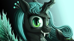 Size: 4800x2700 | Tagged: safe, artist:locolimo, queen chrysalis, changeling, changeling queen, g4, crown, fangs, female, forked tongue, green eyes, horn, jewelry, regalia