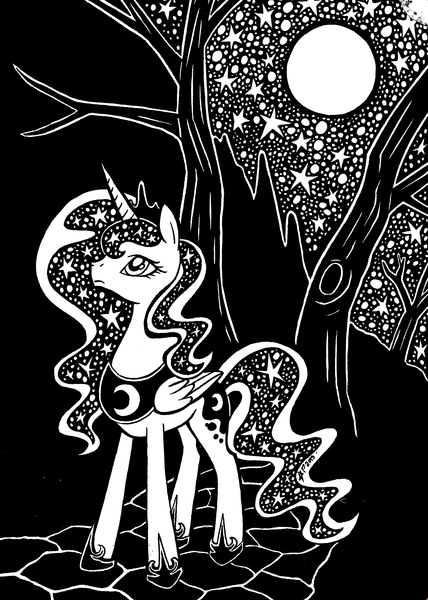 Size: 1368x1916 | Tagged: safe, artist:jejejoja, princess luna, alicorn, pony, black and white, dream walker luna, ethereal mane, featured image, female, galaxy mane, looking up, monochrome, night, night sky, sky, solo, standing, tree
