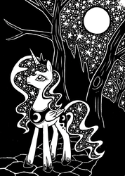 Size: 1368x1916 | Tagged: safe, artist:jejejoja, princess luna, alicorn, pony, g4, black and white, dream walker luna, ethereal mane, featured image, female, galaxy mane, looking up, monochrome, night, night sky, sky, solo, standing, tree