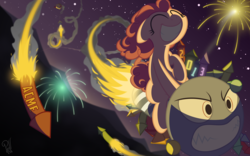 Size: 10000x6250 | Tagged: safe, artist:pirill, pinkie pie, earth pony, pony, g4, absurd resolution, female, fireworks, flying, food, happy new year, muffin, night, riding, solo, vector