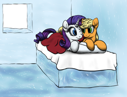 Size: 1000x766 | Tagged: safe, artist:furor1, applejack, rarity, g4, bed, female, ice house, lesbian, ship:rarijack, shipping