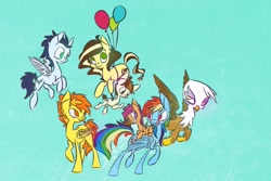 Size: 1095x730 | Tagged: safe, artist:syntactics, featherweight, gilda, rainbow dash, scootaloo, soarin', spitfire, oc, earth pony, griffon, pegasus, pony, g4, balloon, colt, female, filly, foal, male, mare, simple background