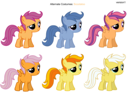 Size: 3600x2700 | Tagged: safe, artist:moongazeponies, artist:pika-robo, archer (character), peachy pie, scootablue, scootaloo, scootaloo (g3), sunny daze, pegasus, pony, g3, g4, alternate clothes, female, filly, foal, g3 to g4, generation leap, palette swap, recolor, simple background, transparent background
