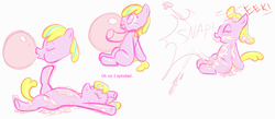 Size: 1292x562 | Tagged: safe, artist:retl, oc, oc only, oc:puppysmiles, earth pony, pony, fallout equestria, fallout equestria: pink eyes, bubblegum, comic, cute, eyes closed, fanfic, fanfic art, female, filly, foal, gum, hooves, lying down, one eye closed, open mouth, simple background, sitting, solo, text