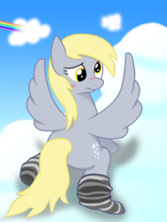 Size: 675x900 | Tagged: safe, artist:yoshio, artist:ヨシお, derpy hooves, pegasus, pony, g4, blushing, butt, clothes, cloud, cloudy, female, mare, pixiv, plot, socks, solo, striped socks