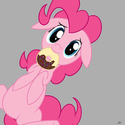 Size: 2000x2000 | Tagged: safe, artist:chir-miru, pinkie pie, g4, donut, floppy ears, gray background, hooves to the chest, looking at you, lying down, mouth hold, on back, overhead view, show accurate, simple background, solo