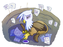 Size: 700x519 | Tagged: safe, artist:butterscotch25, gilda, griffon, g4, fanfic, feather, female, ink, solo, writing