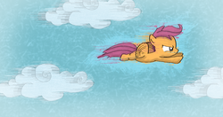 Size: 1440x763 | Tagged: safe, artist:mahsiocaj, scootaloo, pegasus, pony, g4, buzzing wings, cloud, female, flying, mare, scootaloo can fly, solo, wings