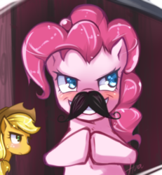 Size: 600x650 | Tagged: safe, artist:hua, applejack, pinkie pie, g4, spike at your service, blushing, moustache