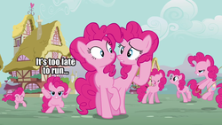 Size: 1280x720 | Tagged: safe, edit, edited screencap, screencap, pinkie pie, g4, my little pony: friendship is magic, too many pinkie pies, clone, fourth wall, image macro, pinkie clone