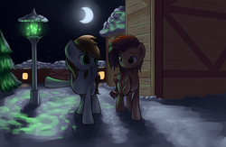 Size: 1600x1044 | Tagged: safe, artist:icefairy64, oc, oc only, backlighting, clothes, duo, lamppost, looking at each other, looking at someone, moon, night, scarf, snow, starry night, stars