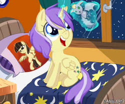 Size: 1280x1064 | Tagged: safe, artist:spookyle, alula, pluto, wild fire, oc, alicorn, bat, pony, g4, bed, doll, plushie, sibsy