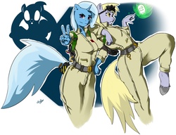 Size: 1802x1385 | Tagged: safe, artist:remenbrand, derpy hooves, trixie, anthro, g4, crossover, ghostbusters, parody