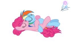 Size: 1024x614 | Tagged: dead source, safe, artist:nightmaremoons, pinkie pie, rainbow dash, g4, alternate hairstyle, cuddling, female, lesbian, ship:pinkiedash, shipping, simple background, spooning, transparent background, vector