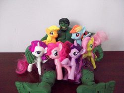 Size: 1600x1200 | Tagged: safe, applejack, fluttershy, pinkie pie, rainbow dash, rarity, twilight sparkle, g4, irl, mcdonald's happy meal toys, photo, the incredible hulk, toy