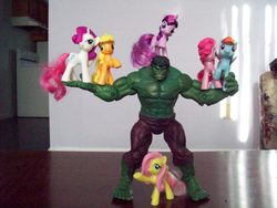 Size: 1600x1200 | Tagged: safe, applejack, fluttershy, pinkie pie, rainbow dash, rarity, twilight sparkle, g4, irl, mcdonald's happy meal toys, photo, the incredible hulk, toy