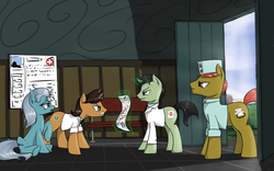 Size: 933x583 | Tagged: safe, artist:madhotaru, doctor horse, doctor stable, screw loose, oc, g4, angry, female, group, hospital, quartet
