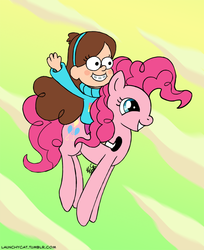 Size: 1000x1224 | Tagged: safe, artist:launchycat, pinkie pie, human, g4, crossover, gravity falls, humans riding ponies, mabel pines, male, riding